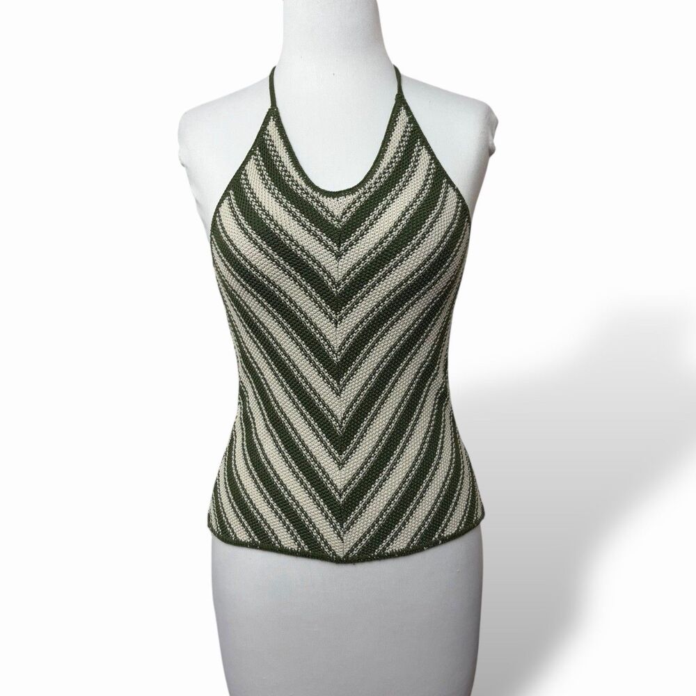 Langels Women's Green and Off-white Striped Knit Halter Top Size S